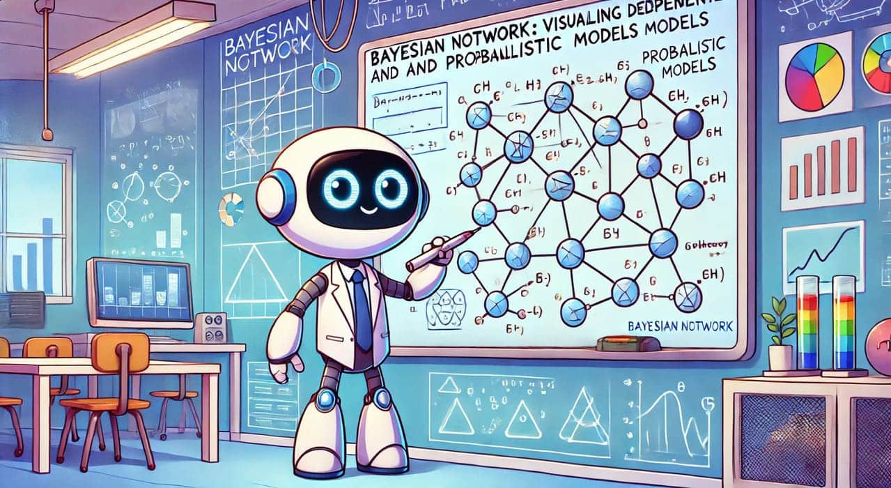 Bayesian Network visualization showing a humanoid AI robot illustrating nodes on a whiteboard.