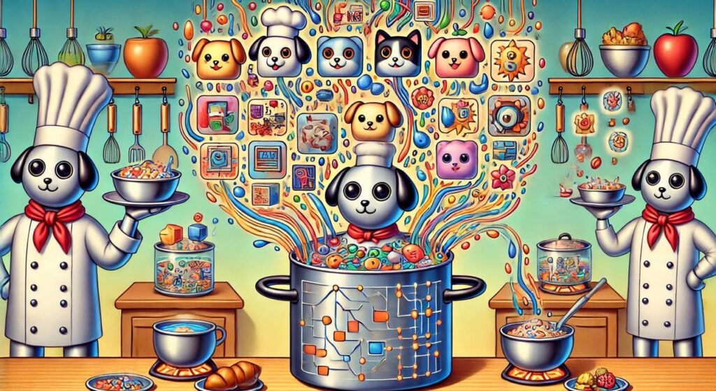 Humorous visualization of a Convolutional Neural Network (CNN) analyzing images for tasks like object detection and classification, using deep learning layers in the form of dogs.