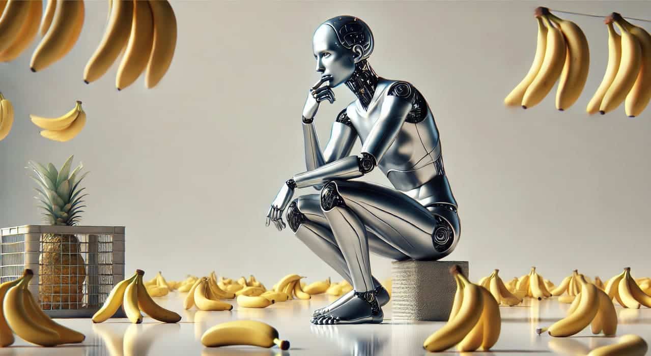 Photorealistic image of a humanoid AI considering ethical dilemmas. The scene represents AI safety and how "bananas' the challenges of aligning advanced AI systems with human values can be.