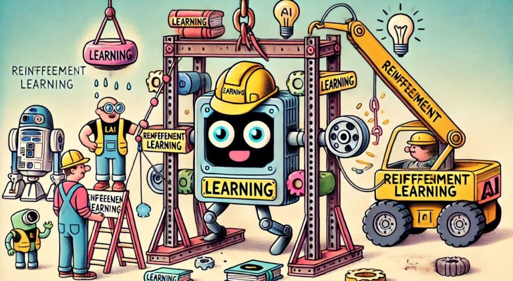 AI agent using Reinforcement Learning to interact with an environment, demonstrated through a cartoon construction site.