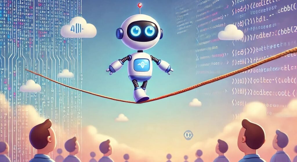 Visual representation of AI alignment, depicting an AI robot walking a tightrope while humans watch in hopes of seeing desired outcomes. The illustration emphasizes the importance of aligning AI behavior with human values and ethics.