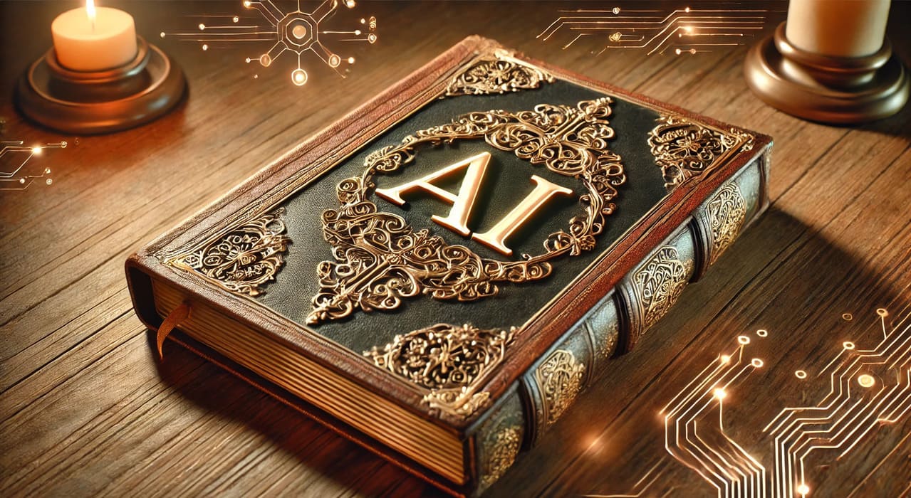 Photorealistic image of an ancient leather-bound book titled 'AI'. The book cover features intricate gold embossing and a clear, elegant 'AI' title, symbolizing the blend of historical knowledge and modern artificial intelligence concepts.