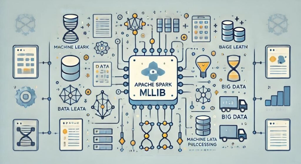 Illustration of Apache Spark MLlib, showing scalable machine learning with data nodes and algorithms, representing its integration within the Spark ecosystem.