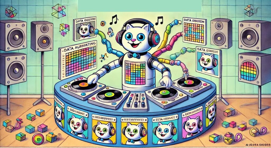 Example of data augmentation techniques applied to image recognition tasks in AI - in the form of a DJ cat with many arms (AI generated)