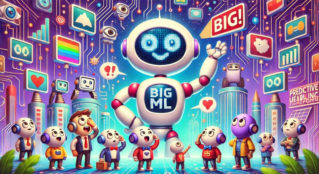 Cartoon-style illustration about BigML, featuring a large AI robot humorously towering over smaller machine learning platforms.