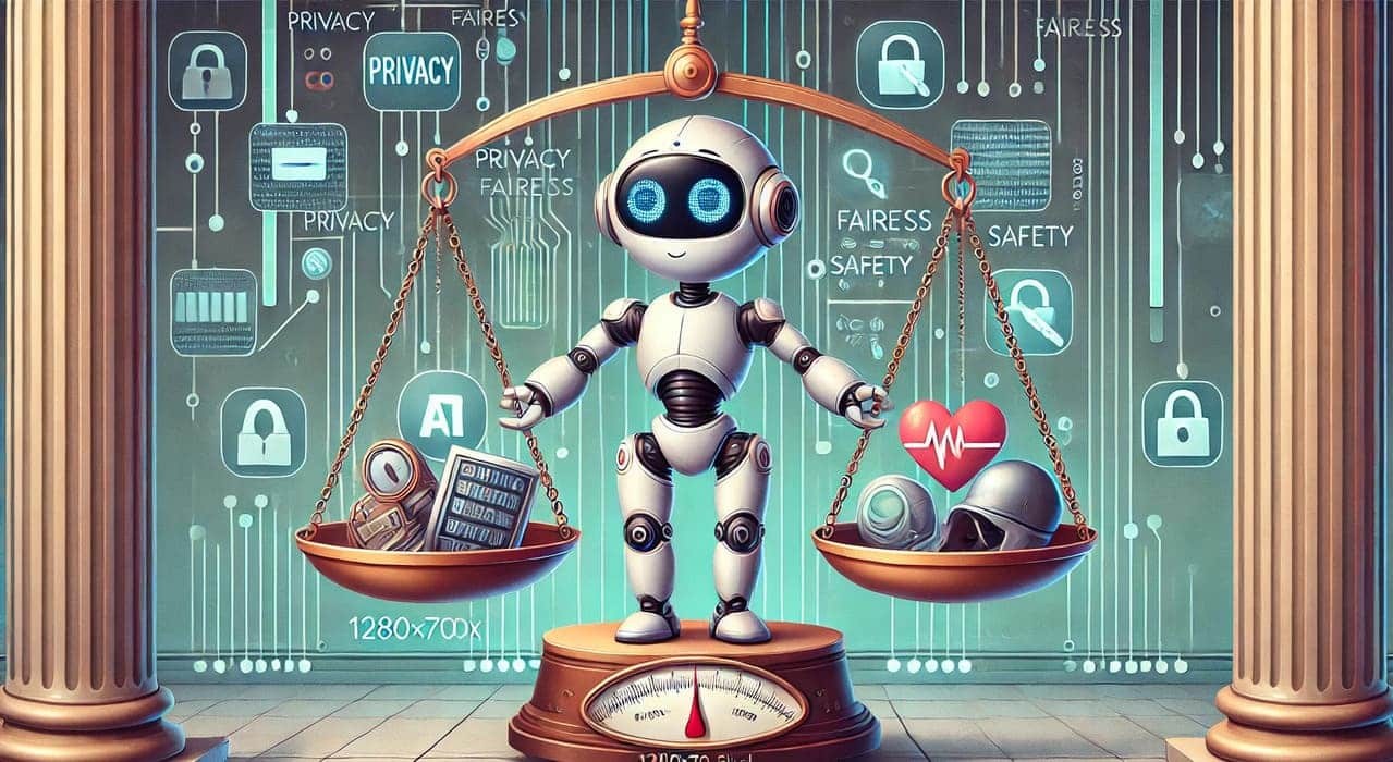 Illustration of an anthropomorphic AI robot balancing on a classic scale, symbolizing ethical considerations in AI. The robot, with a thoughtful expression, balances privacy symbols (padlock and shield) on one side and fairness and safety icons (scales and helmet) on the other. Futuristic elements like data streams and circuit patterns surround the robot, with a modern cityscape backdrop in muted colors. Ideal for discussing AI ethics, privacy, fairness, and safety