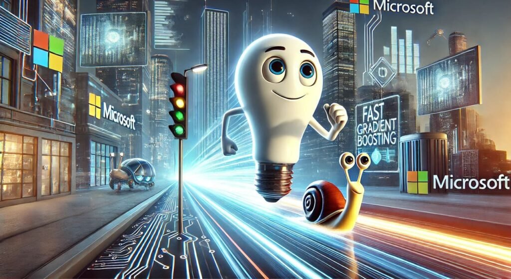 Photorealistic illustration of an anthropomorphic light bulb character speeding through a futuristic cityscape, symbolizing LightGBM's speed and efficiency. The background features sleek skyscrapers, digital billboards, and slower characters like snails, representing other machine learning models, watching in awe.