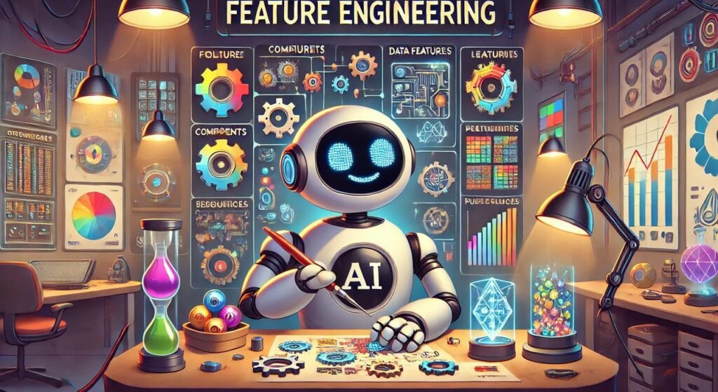A vibrant cartoon-style illustration of a friendly anthropomorphic AI robot working in a high-tech workshop.