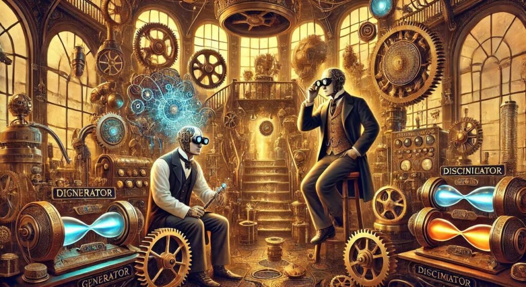 Steampunk, Victorian-style illustration depicting two neural networks personified as characters.