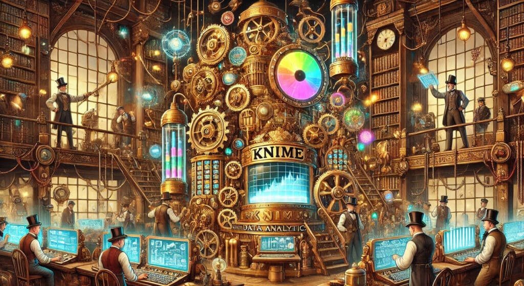 Steampunk Victorian-era data analytics laboratory featuring a KNIME analytical engine with glowing charts and scientists operating levers and gears.