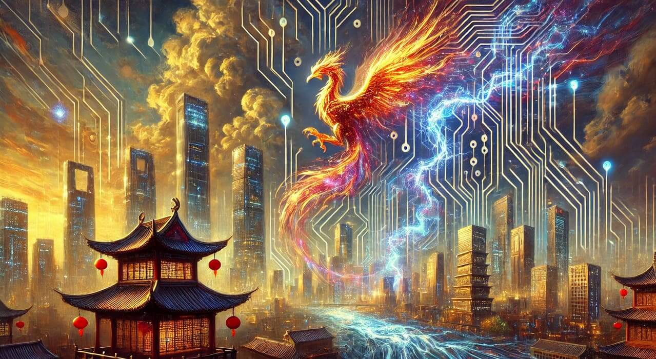 Visionary oil painting of DeepSeek’s rise in AI, featuring a glowing phoenix made of cascading code rising from a circuit-like nest in a futuristic cityscape. The background blends traditional Chinese architecture with translucent neural network skyscrapers illuminated in electric blue and crimson, symbolizing the fusion of heritage and technology. Data waves ripple through a sky filled with digital lightning, reflecting the disruptive impact of DeepSeek's affordable, open-source AI models.