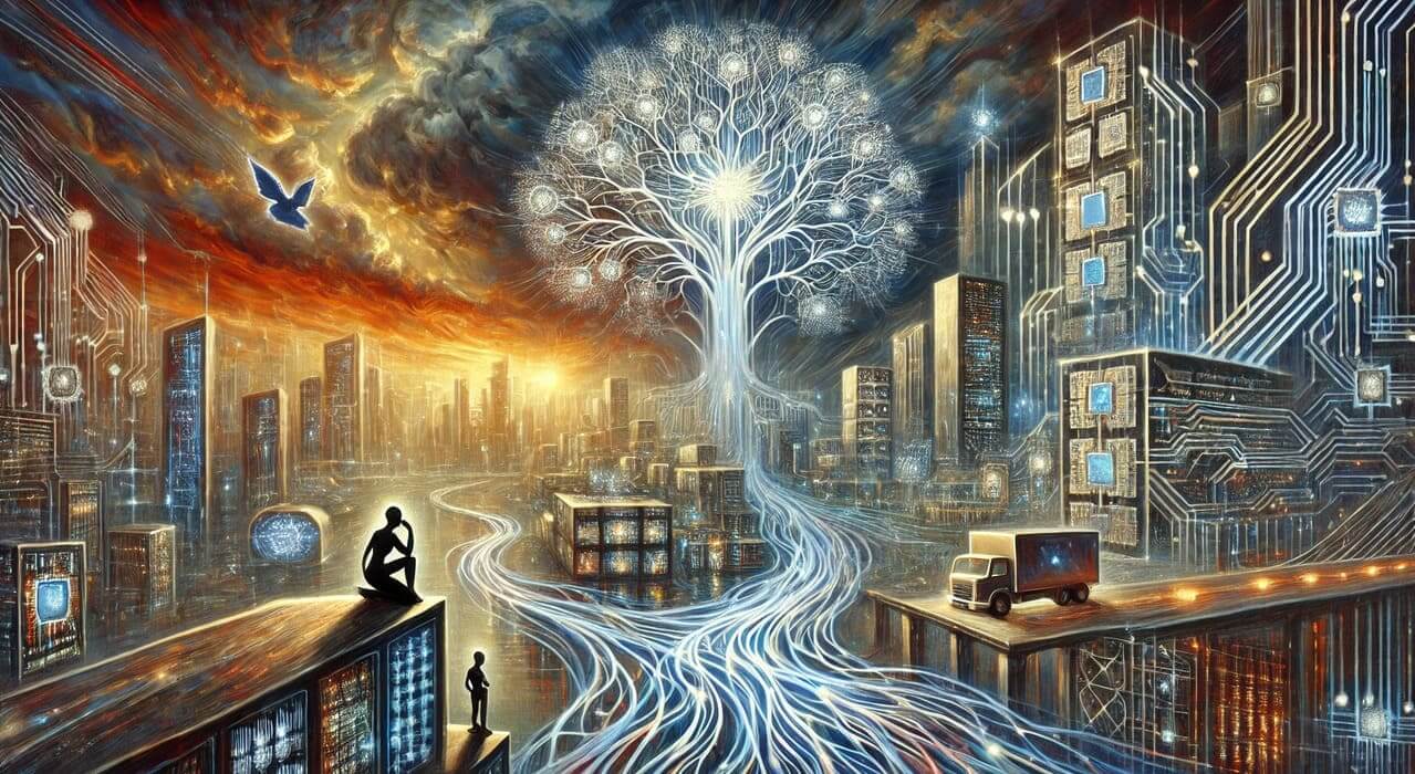 Explore a captivating oil painting depicting the fusion of AI and cyber-physical systems. Featuring a neural network tree, smart grids, data streams, and compliance challenges, this futuristic cityscape blends cyberpunk aesthetics with Renaissance techniques.