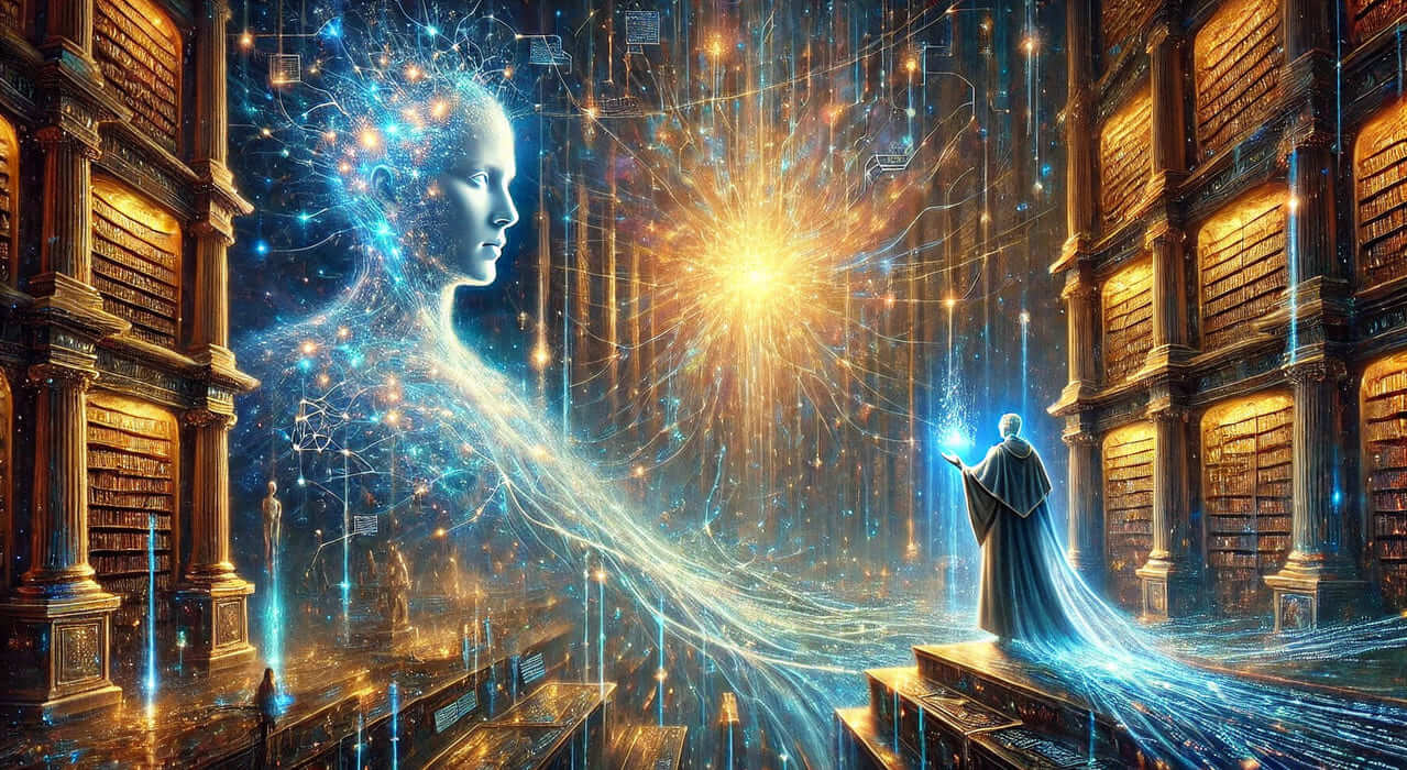 A visionary oil painting portraying the future of AI, featuring glowing streams of code cascading from a luminous AI core. A futuristic scholar interacts with a holographic conversation interface, while a cybernetic landscape of digital libraries and neural circuits unfolds in the background.