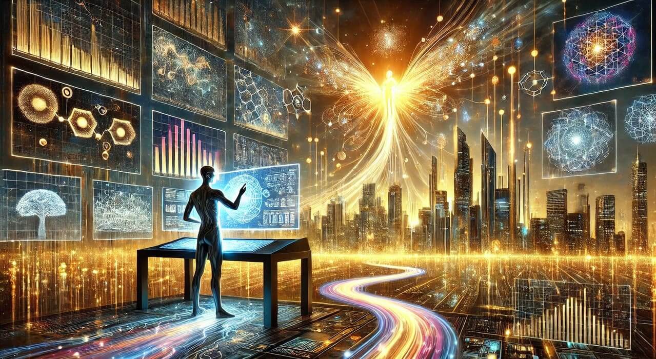 A futuristic oil painting of data automation, featuring a control room where an enigmatic figure manipulates AI-driven insights through holographic interfaces. Streams of glowing data flow across skyscrapers built from digital information, symbolizing the transformation of industries through automation and machine learning.