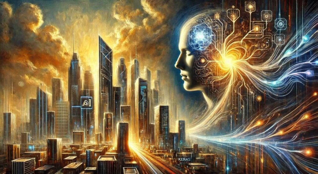 Artistic oil painting of a futuristic AI-powered city with sleek skyscrapers and glowing neural network pathways. A visionary scientist, illuminated by golden light, interacts with a holographic deep learning interface.