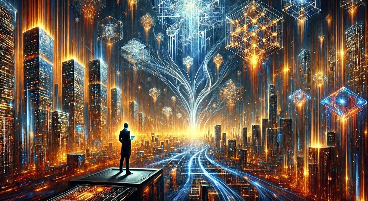 Artistic oil painting of a futuristic cityscape illuminated by neon-lit algorithms, representing Scikit-learn’s impact on AI. A researcher in a sleek suit interacts with a holographic neural web of machine learning models.