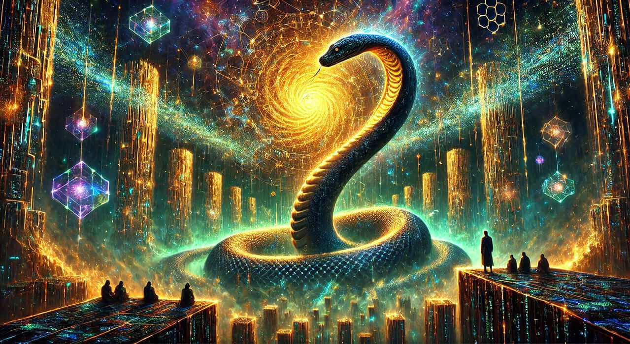 A visionary oil painting of a colossal anaconda coiled around a glowing sphere of neural networks, symbolizing Anaconda’s dominance in AI and data science. Towering digital monoliths covered in Python and R code rise in a futuristic data temple, with celestial fractal data points in the background.