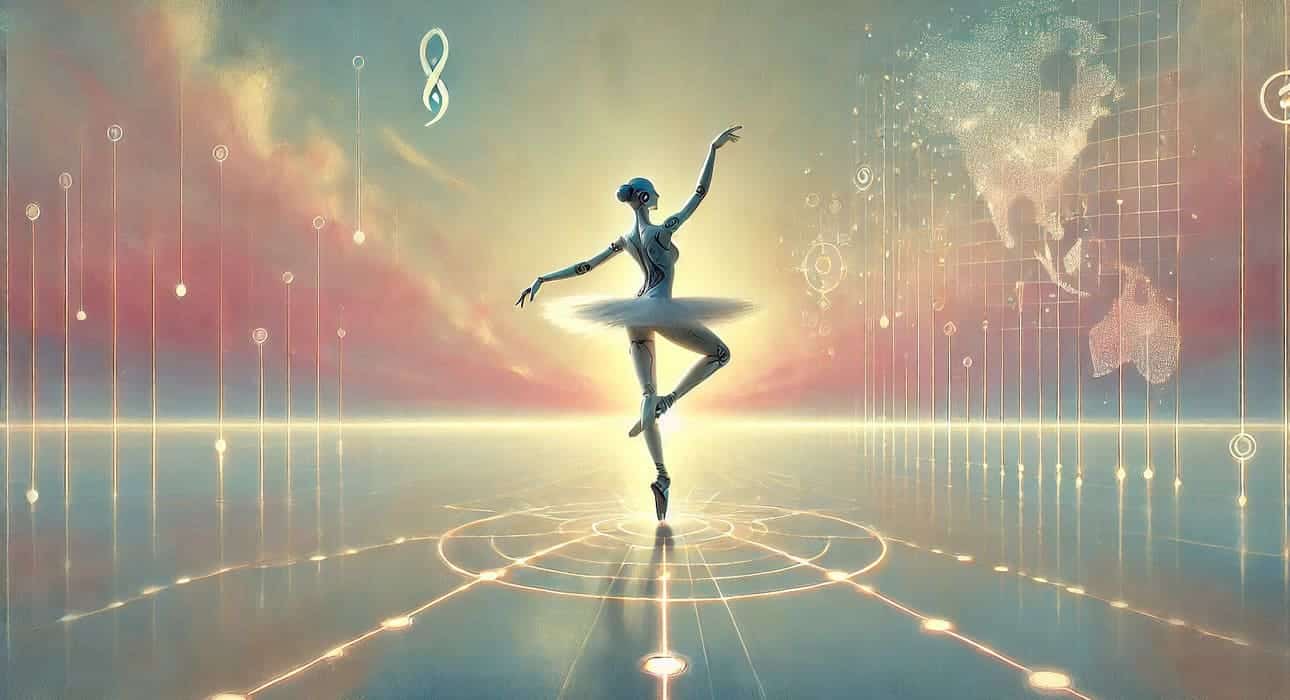 A dreamy painting of a humanoid ballerina balancing futuristic elegance and regulatory symbolism in soft pinks, yellows, and blues—compliance with poise.
