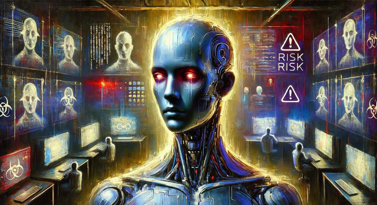 An expressive oil-style painting of a paranoid AI humanoid in a control room, capturing psychological tension and ethical risk in artificial intelligence.