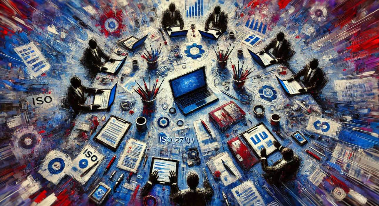 Abstract painting of ISO 27001 audit showing documents, folders, and digital tools from a bird’s eye view, with blue, purple, and red expressive brushstrokes.