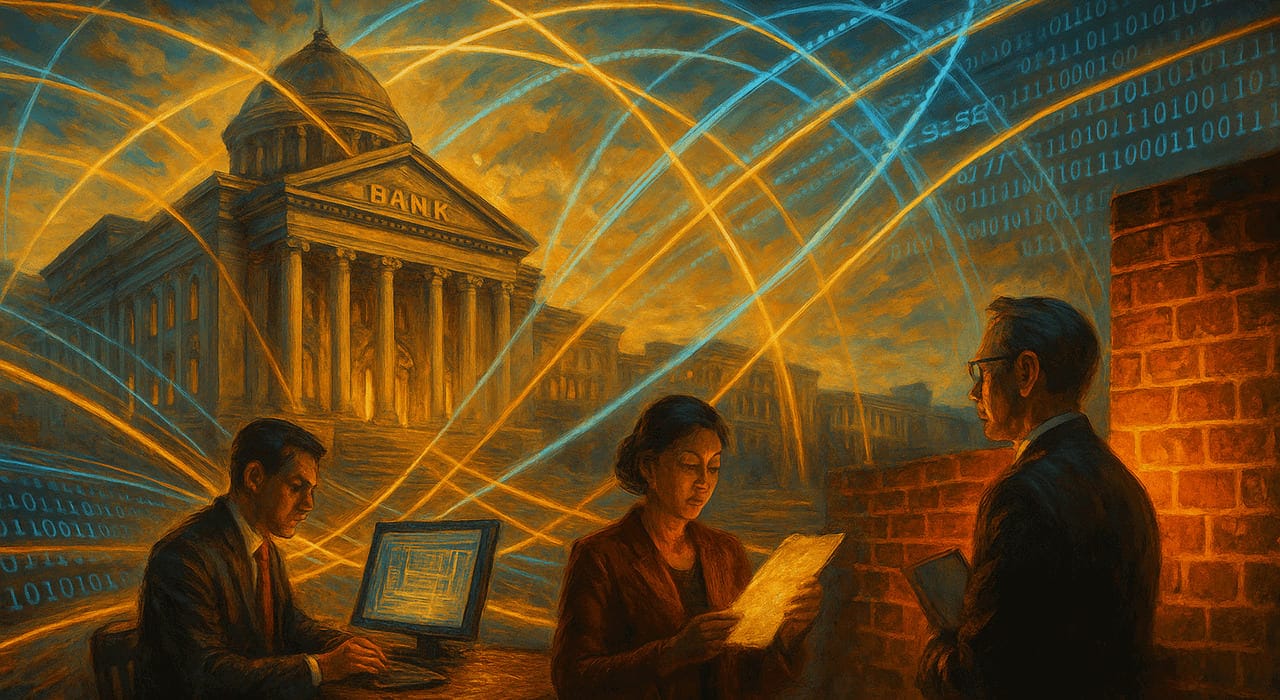 Expressive oil painting of a neoclassical bank bathed in golden light with glowing digital data arcs and three professionals safeguarding SWIFT transactions, symbolising network segregation and global finance security