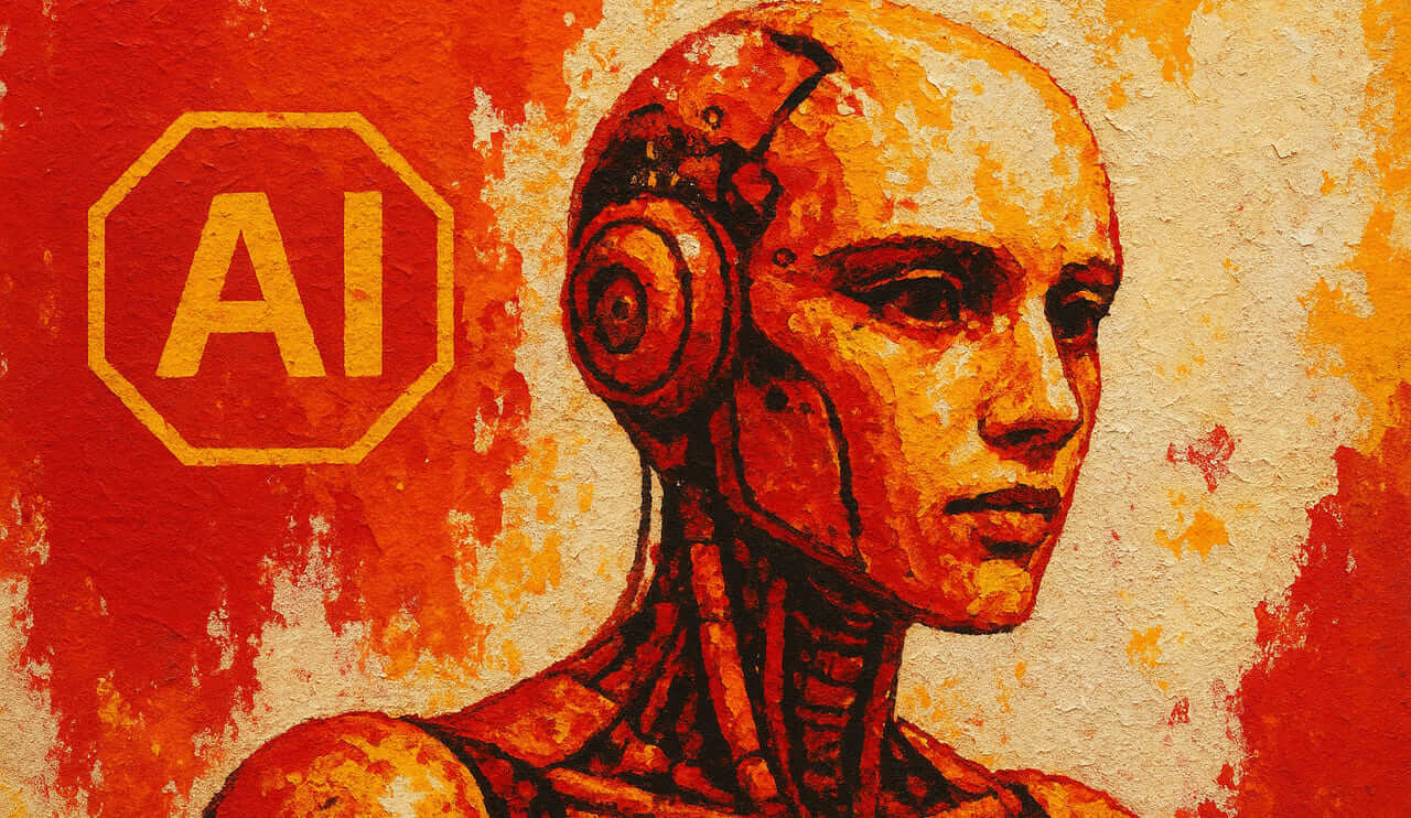 Street art of a humanoid robot in red, orange, and yellow tones, inspired by First Hawaiian Bank’s branding, symbolizing AI governance in future banking