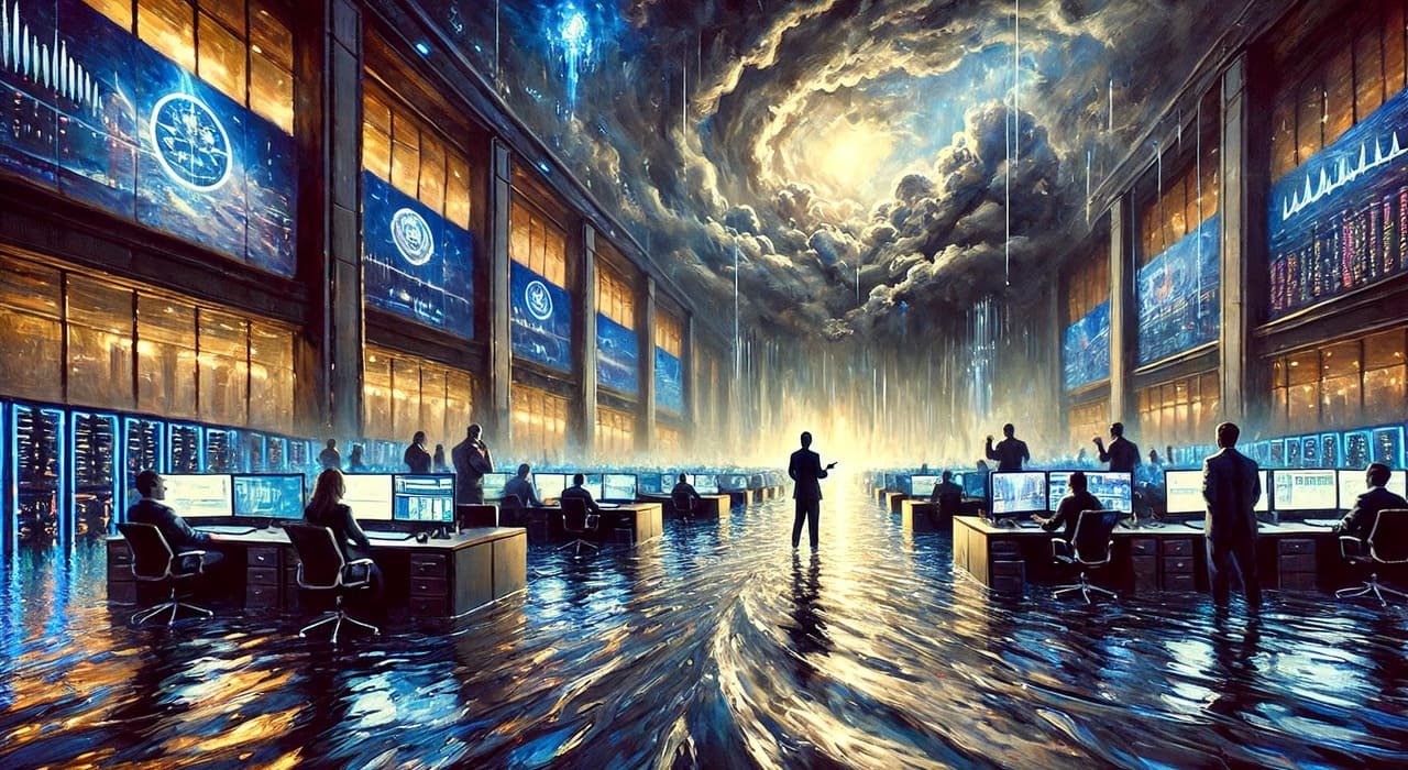 A dramatic oil painting of a Zurich data hall flooding under storm clouds, as executives look on from above. Dimming terminals and rising water reflect the failure of misaligned governance frameworks, with cracked compliance symbols dissolving in the sky.