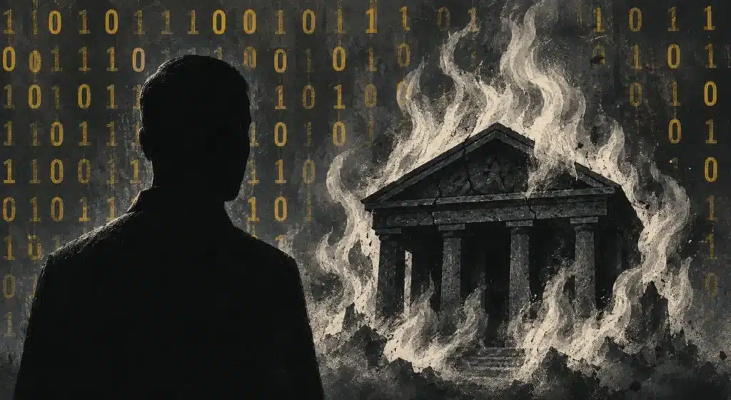 Dark silhouette overlooking a bank engulfed in flames, with gold binary digits against a charcoal background, illustrating cyber threats to financial institutions.