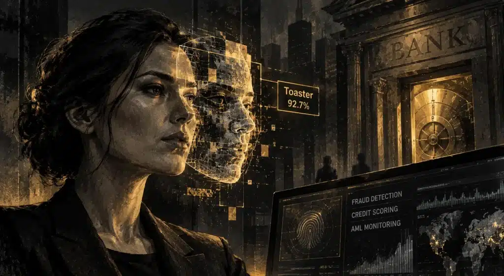 Illustration of adversarial machine learning in banking, showing a woman's face misclassified by an AI system as a toaster beside a bank vault.