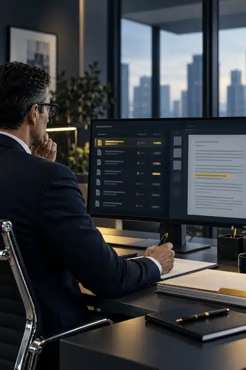 AI assurance reviewer examining evidence and review records at a workstation.