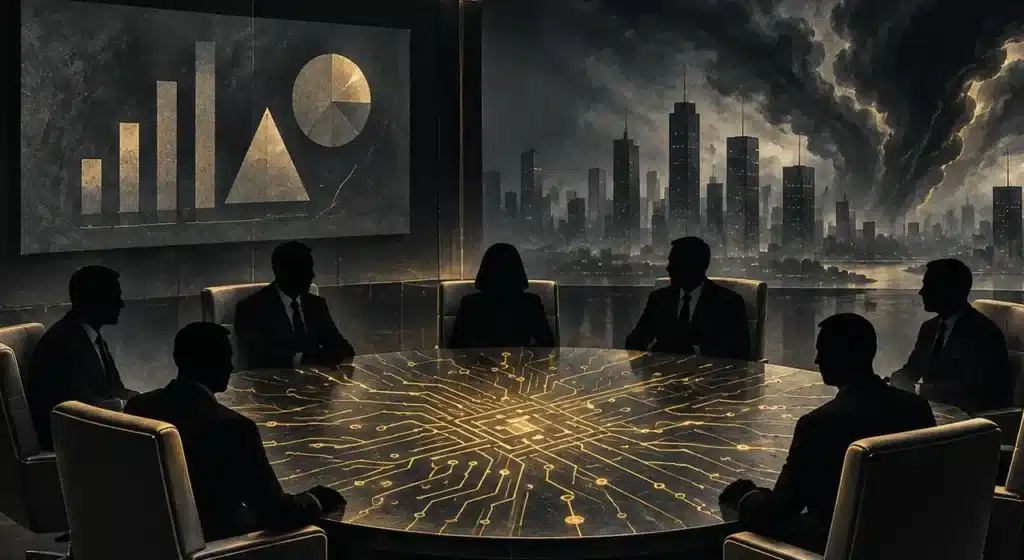 Corporate board members sit around a conference table illuminated by gold AI circuitry, overlooking a city under dark storm clouds.