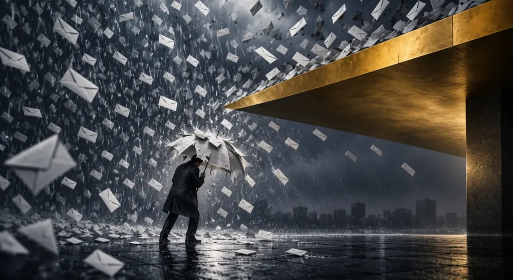 A lone person stands beneath a storm of falling envelopes with a failing paper umbrella while a gold protective canopy diverts the threat, illustrating phishing overload and stronger security controls.