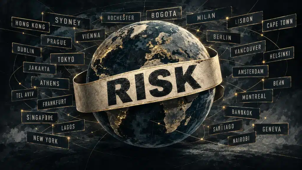 Dark globe wrapped in a RISK banner, surrounded by international city names representing global cybersecurity and governance risks.