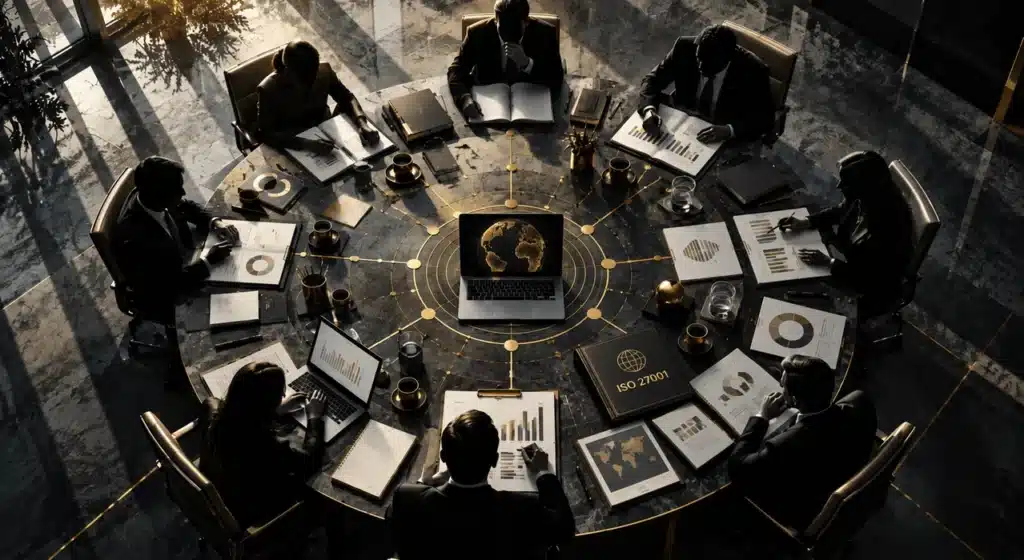 Executives seated around a charcoal boardroom table with gold network lines and a central laptop, illustrating ISO 27001 governance and information security oversight.