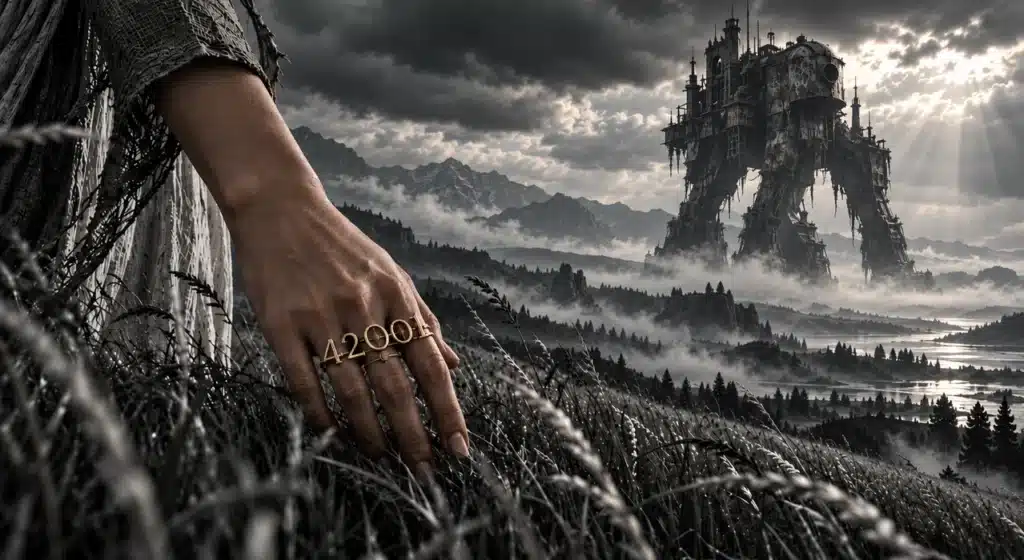 Woman's hand wearing a gold 42001 ring in tall grass, facing a towering mechanical city in a misty landscape, symbolizing AI governance and risk management.