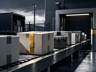 Third-party AI risk review represented by secured packages moving through a controlled checkpoint.